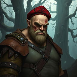 A bald, menacing giant with an angry expression, dressed in a red cap and worn leather armor, with a scar on his face