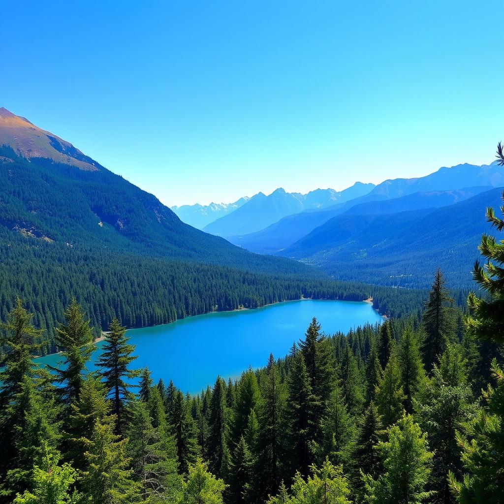 A beautiful landscape featuring a serene lake surrounded by lush green forests, with a clear blue sky and a majestic mountain range in the background