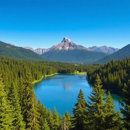 A beautiful landscape featuring a serene lake surrounded by lush green forests, with a clear blue sky and a majestic mountain range in the background