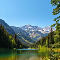 A beautiful landscape featuring a serene lake surrounded by lush green forests, with a clear blue sky and a majestic mountain range in the background