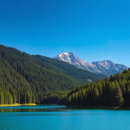 A beautiful landscape featuring a serene lake surrounded by lush green forests, with a clear blue sky and a majestic mountain range in the background