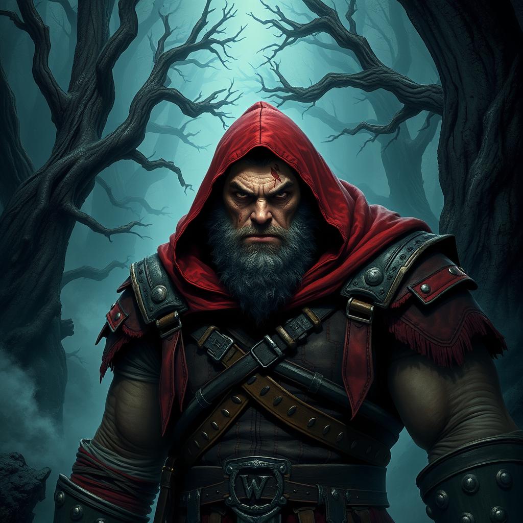 A bald, menacing giant with an angry expression, dressed in a red hood and worn leather armor, with a scar on his face