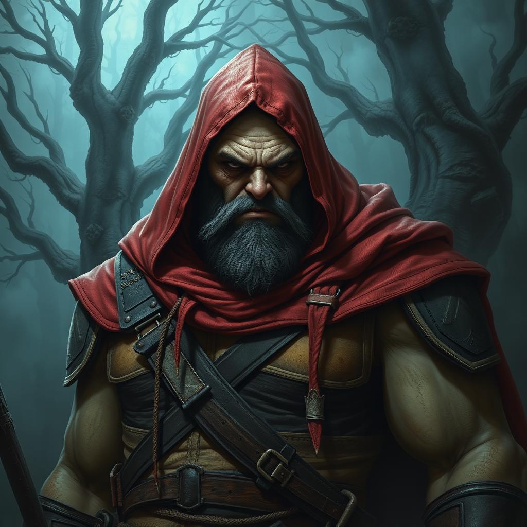 A bald, menacing giant with an angry expression, dressed in a red hood and worn leather armor, with a scar on his face