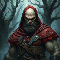 A bald, menacing giant with an angry expression, dressed in a red hood and worn leather armor, with a scar on his face