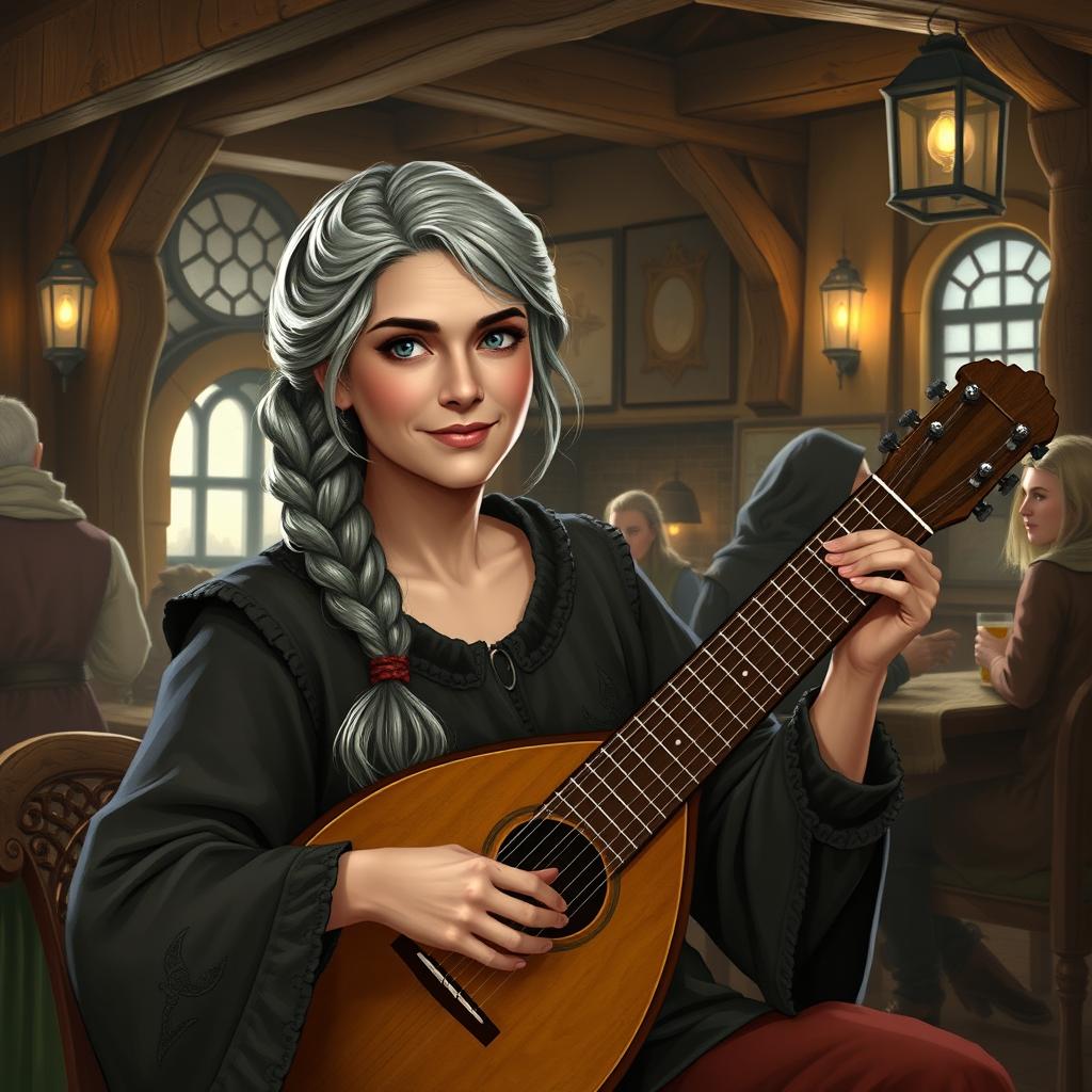 Thrilena, the wife of the innkeeper, is a pleasant-looking woman with graying hair tied in a braid