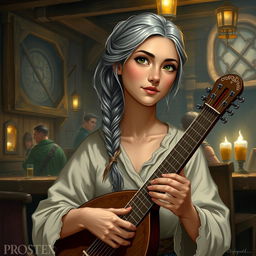 Thrilena, the wife of the innkeeper, is a pleasant-looking woman with graying hair tied in a braid