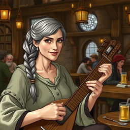 Thrilena, the wife of the innkeeper, is a pleasant-looking woman with graying hair tied in a braid