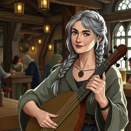 Thrilena, the wife of the innkeeper, is a pleasant-looking woman with graying hair tied in a braid