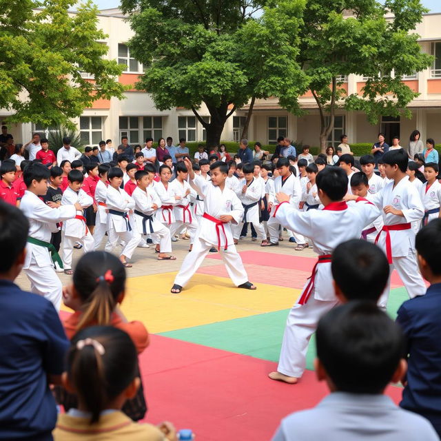 A vibrant training ground for Taekwondo in a school setting, with students practicing martial arts techniques