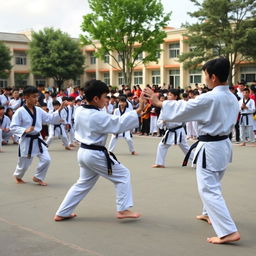 A vibrant training ground for Taekwondo in a school setting, with students practicing martial arts techniques