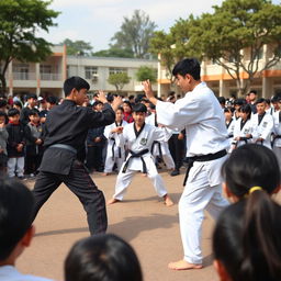 A vibrant training ground for Taekwondo in a school setting, with students practicing martial arts techniques