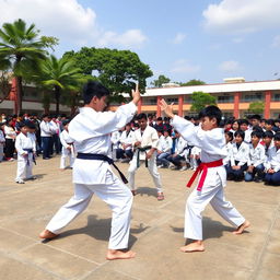 A vibrant training ground for Taekwondo in a school setting, with students practicing martial arts techniques