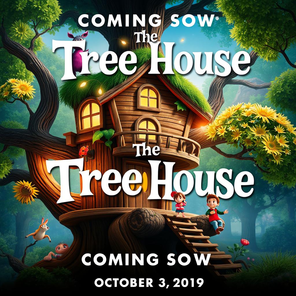 A colorful and whimsical movie poster for a kids' film titled 'The Tree House,' coming soon on October 3, 2019