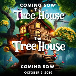 A colorful and whimsical movie poster for a kids' film titled 'The Tree House,' coming soon on October 3, 2019