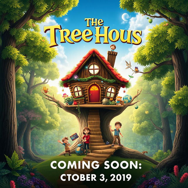 A colorful and whimsical movie poster for a kids' film titled 'The Tree House,' coming soon on October 3, 2019