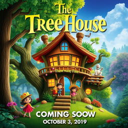 A colorful and whimsical movie poster for a kids' film titled 'The Tree House,' coming soon on October 3, 2019