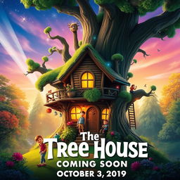 A colorful and whimsical movie poster for a kids' film titled 'The Tree House,' coming soon on October 3, 2019