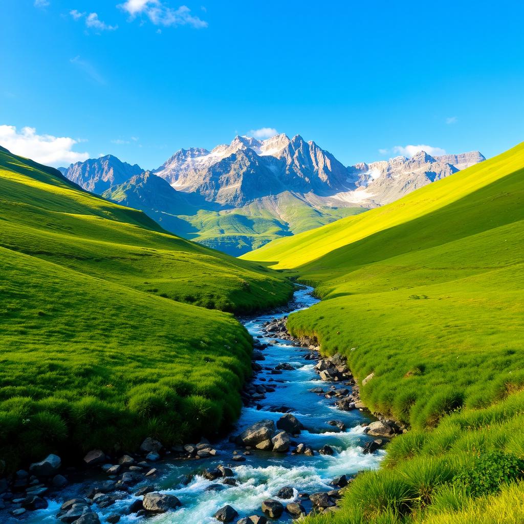 A beautiful landscape featuring a serene mountain range with a clear blue sky, lush green meadows, and a sparkling river flowing through the valley