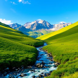 A beautiful landscape featuring a serene mountain range with a clear blue sky, lush green meadows, and a sparkling river flowing through the valley