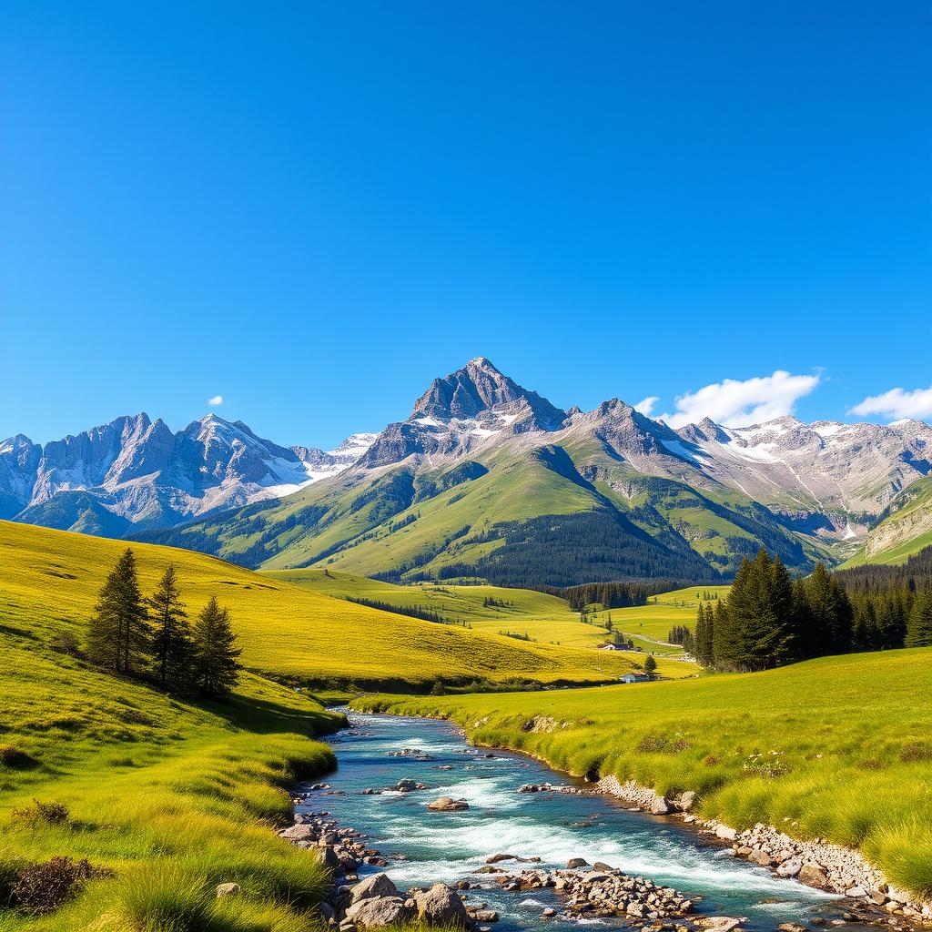 A beautiful landscape featuring a serene mountain range with a clear blue sky, lush green meadows, and a sparkling river flowing through the valley