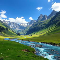 A beautiful landscape featuring a serene mountain range with a clear blue sky, lush green meadows, and a sparkling river flowing through the valley