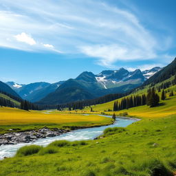 A beautiful landscape featuring a serene mountain range with a clear blue sky, lush green meadows, and a sparkling river flowing through the valley