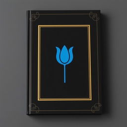 A black book cover with a blue tulip symbol in the center