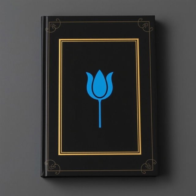 A black book cover with a blue tulip symbol in the center