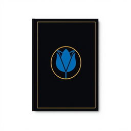 A black book cover with a blue tulip symbol in the center