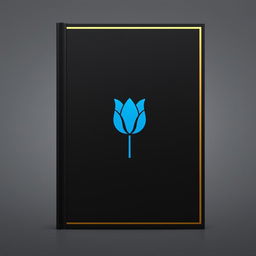 A black book cover with a blue tulip symbol in the center