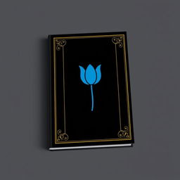 A black book cover with a blue tulip symbol in the center