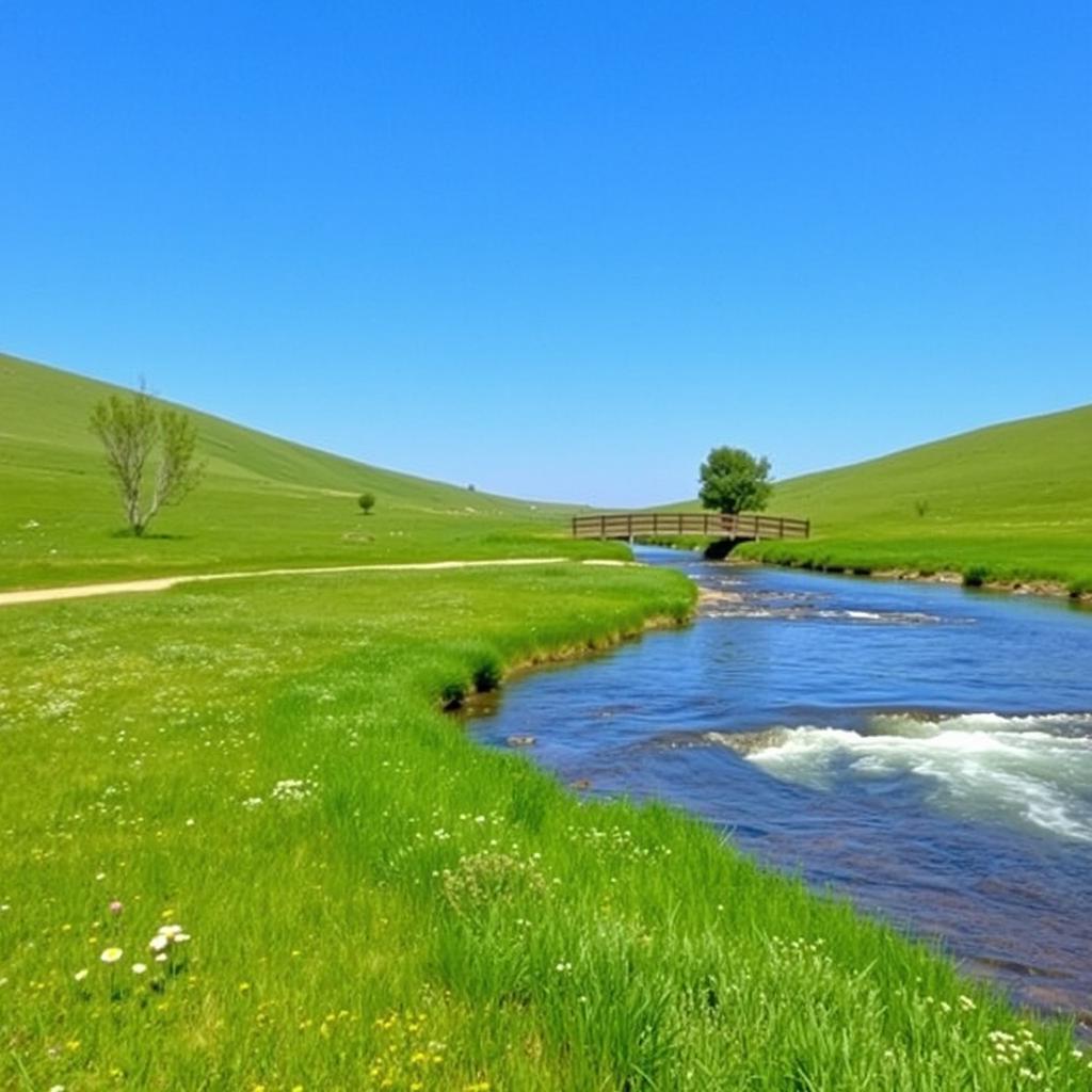 A serene landscape featuring a clear blue sky, a gently flowing river, and lush green meadows with wildflowers