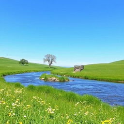 A serene landscape featuring a clear blue sky, a gently flowing river, and lush green meadows with wildflowers