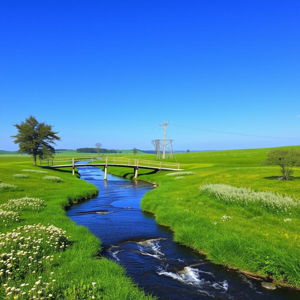 A serene landscape featuring a clear blue sky, a gently flowing river, and lush green meadows with wildflowers