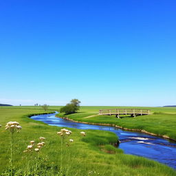 A serene landscape featuring a clear blue sky, a gently flowing river, and lush green meadows with wildflowers