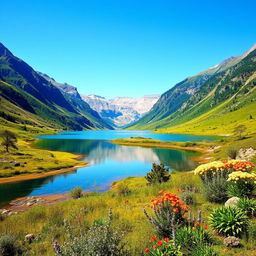 A beautiful landscape with a serene lake surrounded by mountains and a clear blue sky