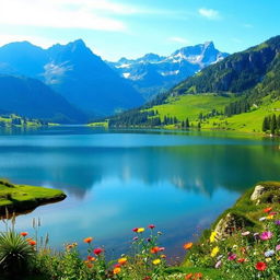 A beautiful landscape with a serene lake surrounded by mountains and a clear blue sky