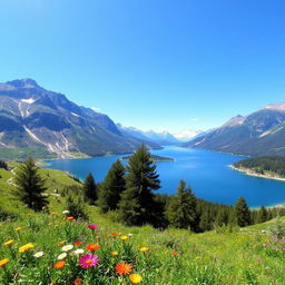 A beautiful landscape with a serene lake surrounded by mountains and a clear blue sky