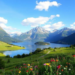 A beautiful landscape with a serene lake surrounded by mountains and a clear blue sky