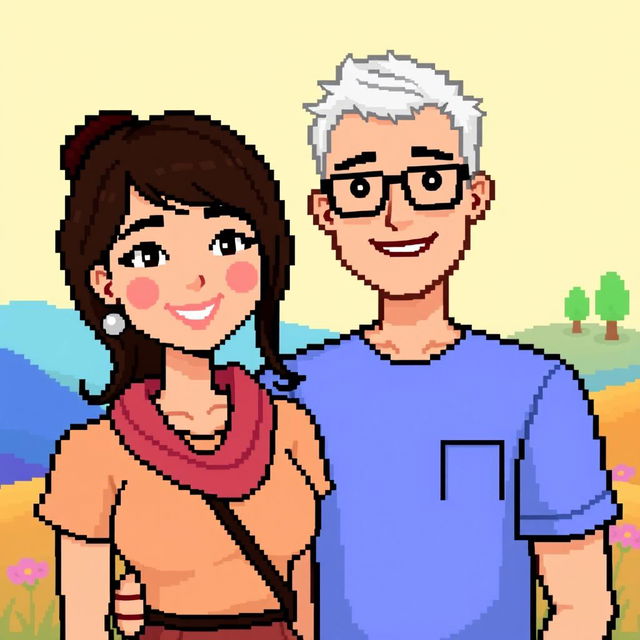 A charming couple depicted in pixel art style, standing close together and smiling