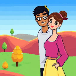 A charming couple depicted in pixel art style, standing close together and smiling