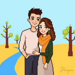 A charming couple depicted in pixel art style, standing close together and smiling