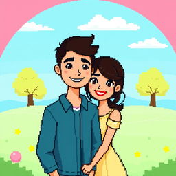 A charming couple depicted in pixel art style, standing close together and smiling