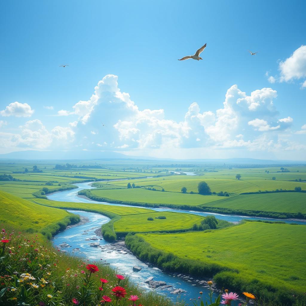 A beautiful landscape with a clear blue sky, lush green fields, and a sparkling river flowing through the countryside