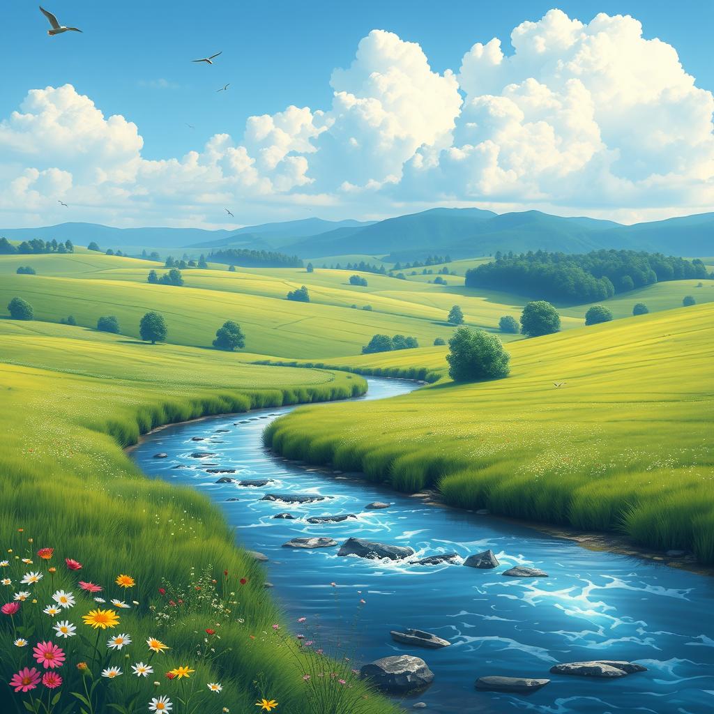 A beautiful landscape with a clear blue sky, lush green fields, and a sparkling river flowing through the countryside