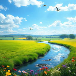 A beautiful landscape with a clear blue sky, lush green fields, and a sparkling river flowing through the countryside