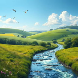 A beautiful landscape with a clear blue sky, lush green fields, and a sparkling river flowing through the countryside