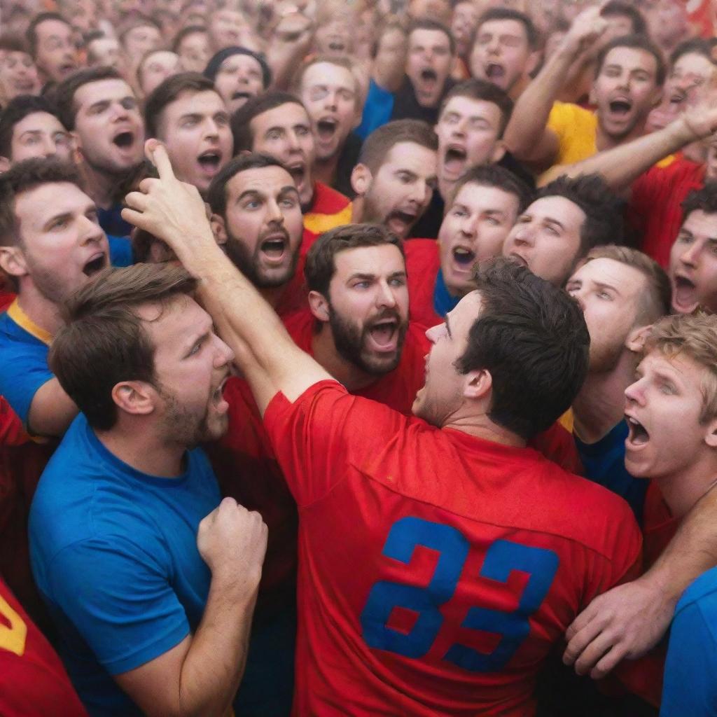 Crowd of passionate football fans arguing with lots of energy, wearing their team colors, in a safe and non-violent setting.