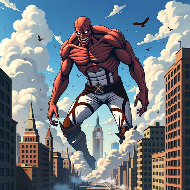 A colossal Titan from Attack on Titan attacks New York City, smashing buildings and causing chaos, with the iconic skyline in the background