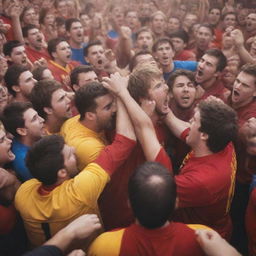 Crowd of passionate football fans arguing with lots of energy, wearing their team colors, in a safe and non-violent setting.